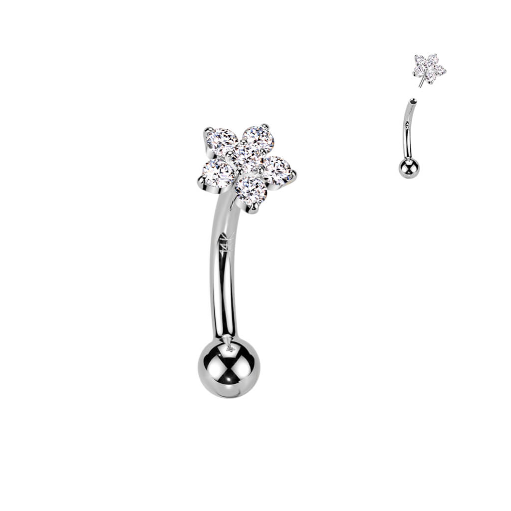 Solid Gold 14 Carat Eyebrow Piercing flower zirconia Push-In