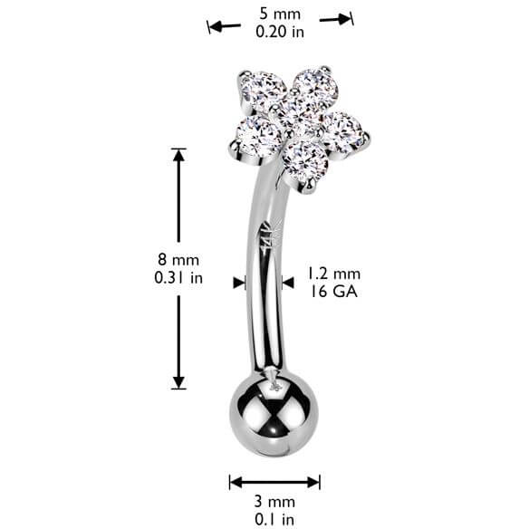 Solid Gold 14 Carat Eyebrow Piercing flower zirconia Push-In