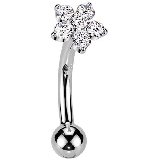 Solid Gold 14 Carat Eyebrow Piercing flower zirconia Push-In