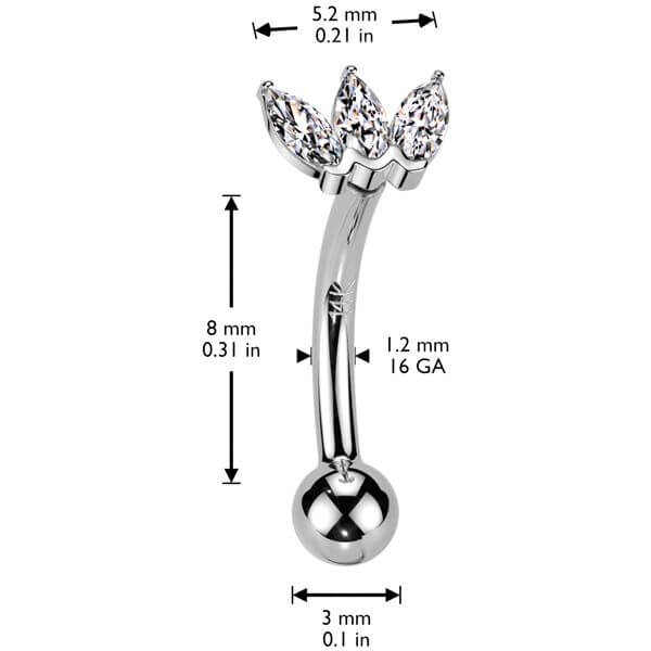 Solid Gold 14 Carat Eyebrow Piercing triple marquise cut zirconia
