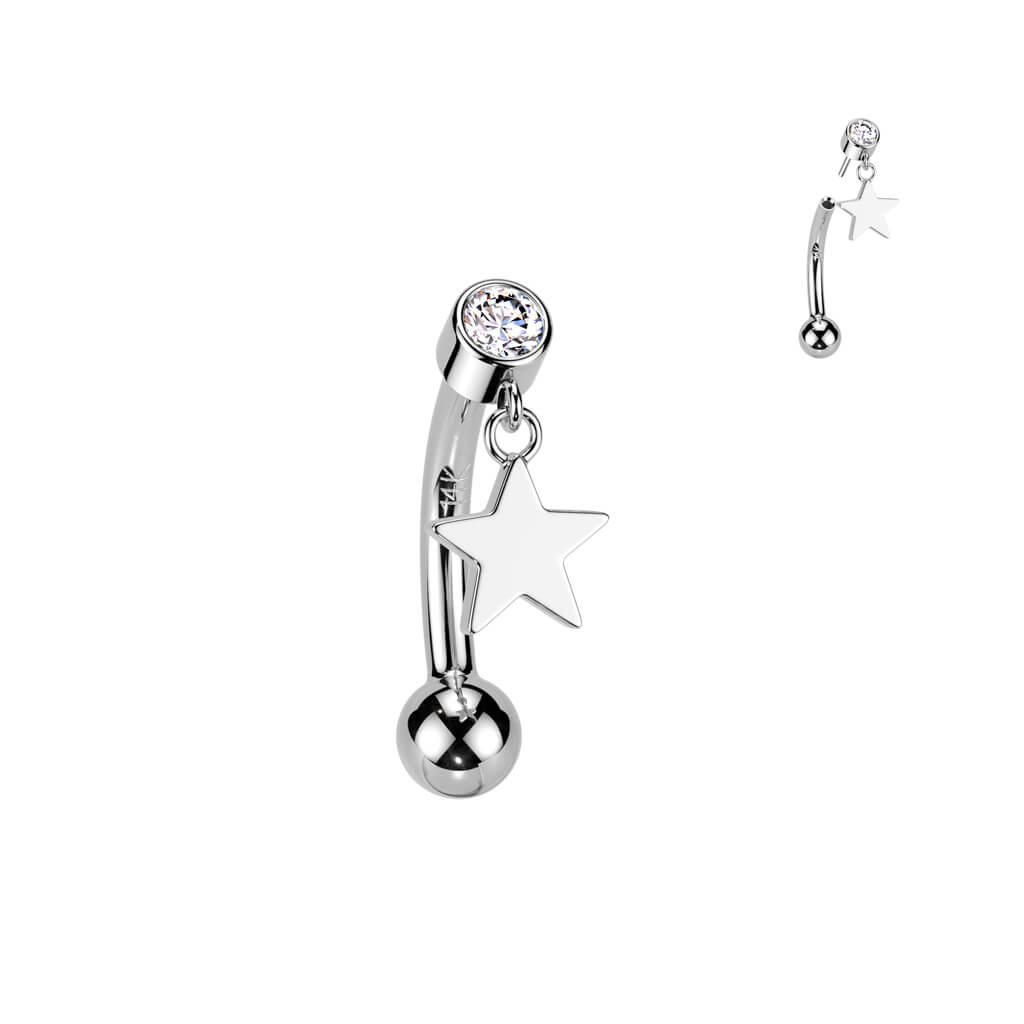 Solid Gold 14 Carat Eyebrow Piercing star zirconia dangle Push-In