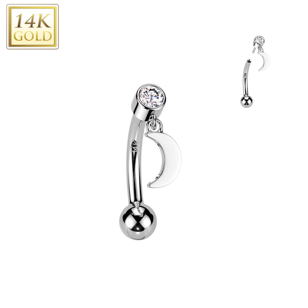 Solid Gold 14 Carat Eyebrow Piercing moon zirconia dangle Push-In