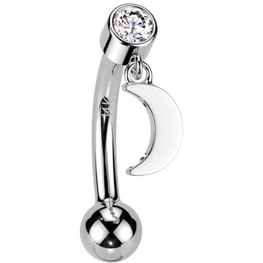 Solid Gold 14 Carat Eyebrow Piercing moon zirconia dangle Push-In