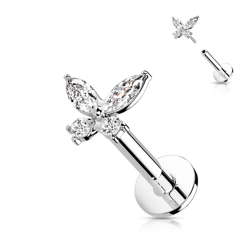 Złoto 585 labret motylek cyrkonia push-in