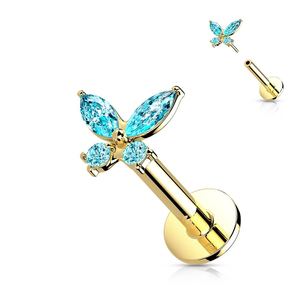 Złoto 585 labret motylek cyrkonia push-in