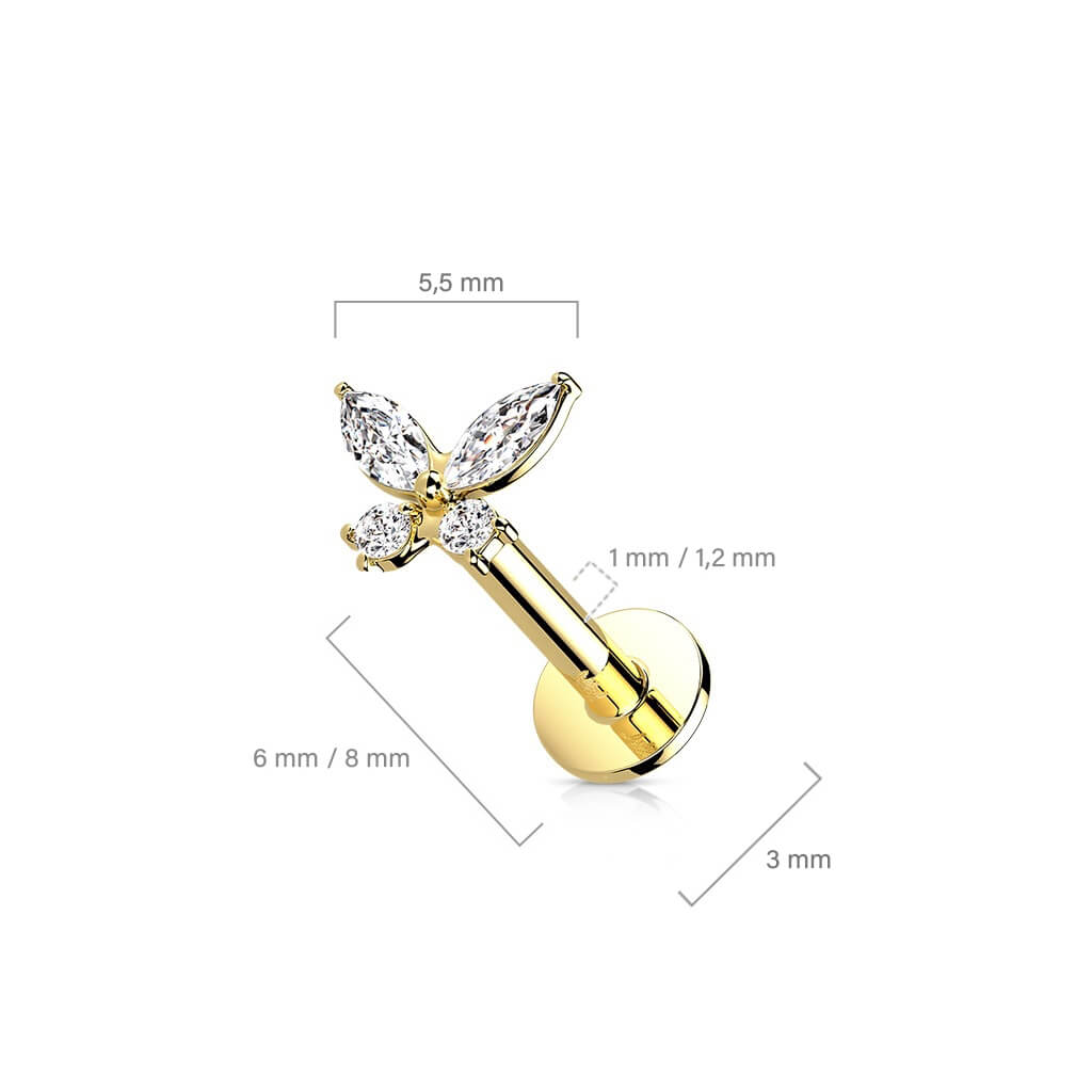 Złoto 585 labret motylek cyrkonia push-in