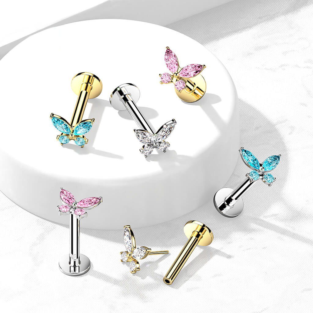 Złoto 585 labret motylek cyrkonia push-in