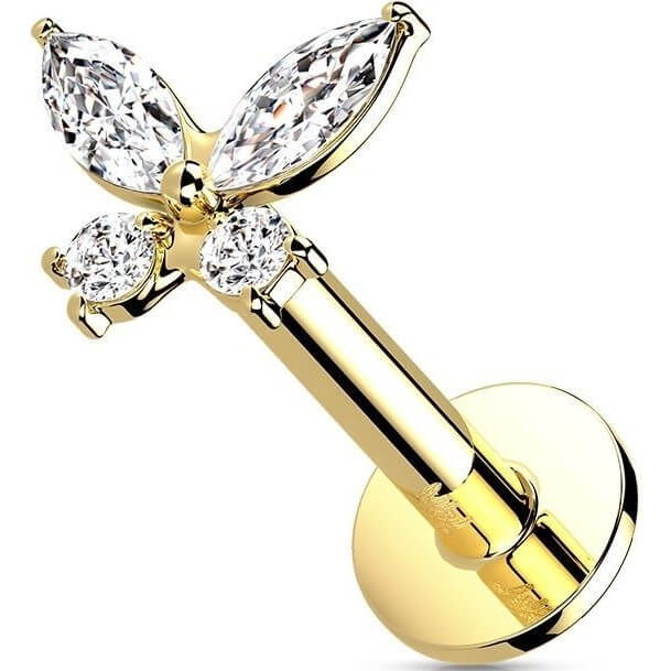 Złoto 585 labret motylek cyrkonia push-in