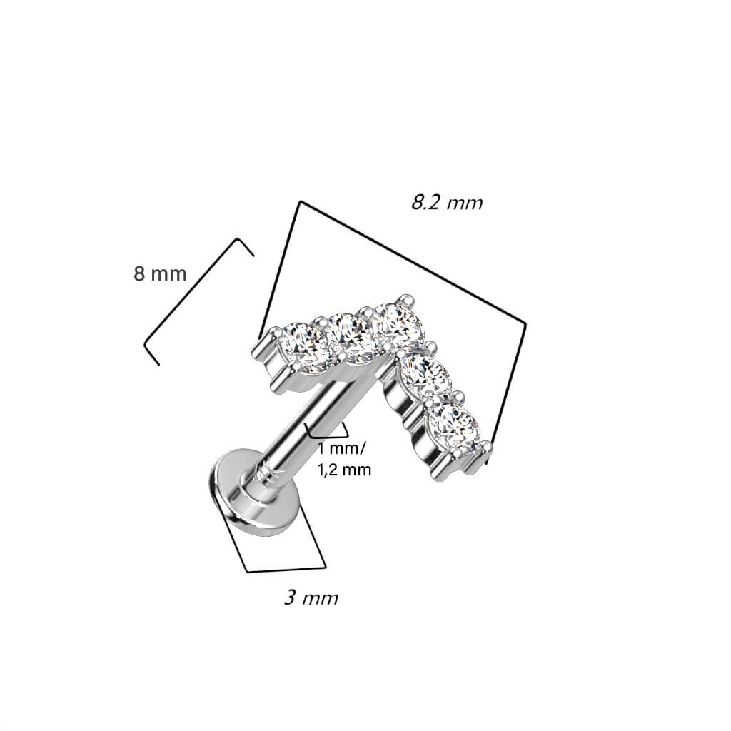 Solid Gold 14 Carat Labret L-Form Zirconia Push-In