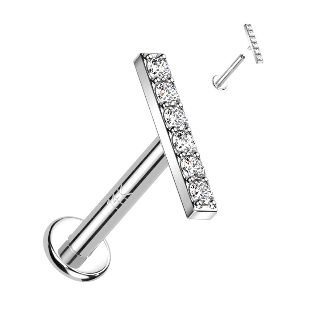 Oro 14 kt Labret Barra di zirconi Filettatura Interna