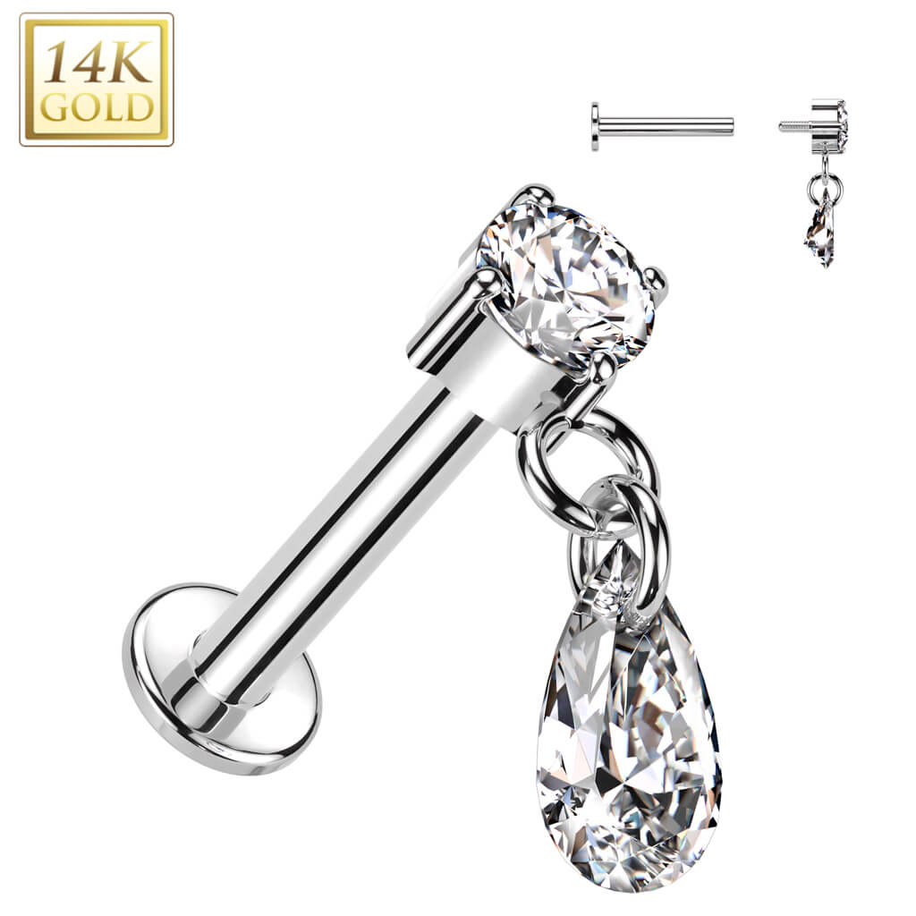 Or 14kt Labret Pendentif Larme Zircone Filetage Interne