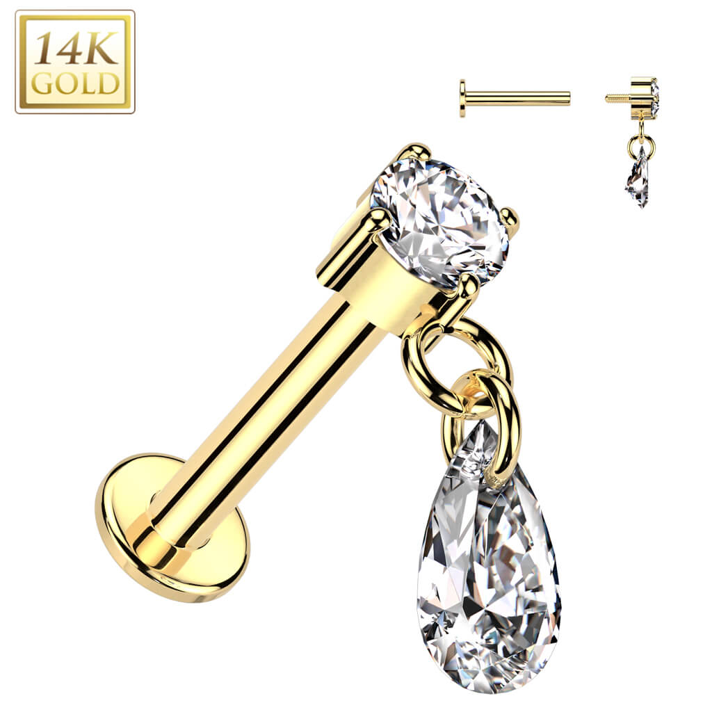 Or 14kt Labret Pendentif Larme Zircone Filetage Interne