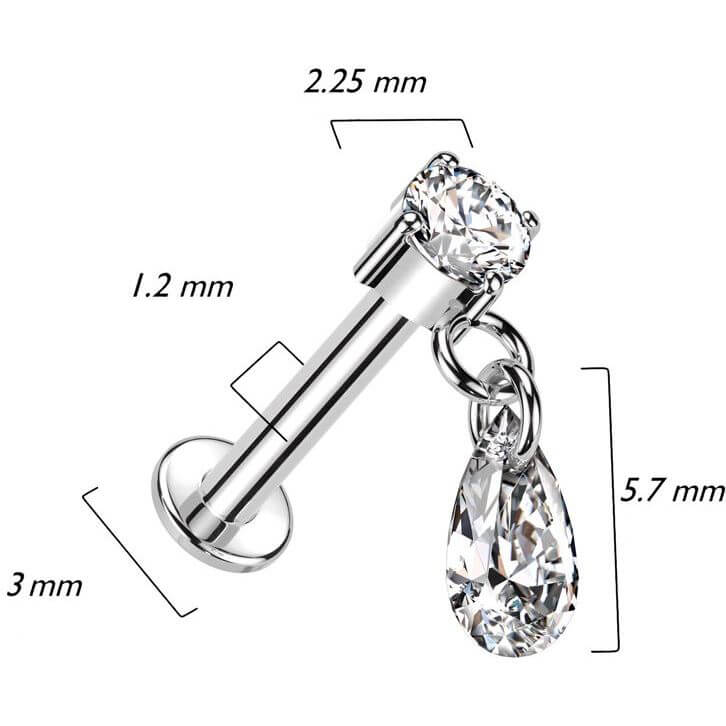Or 14kt Labret Pendentif Larme Zircone Filetage Interne
