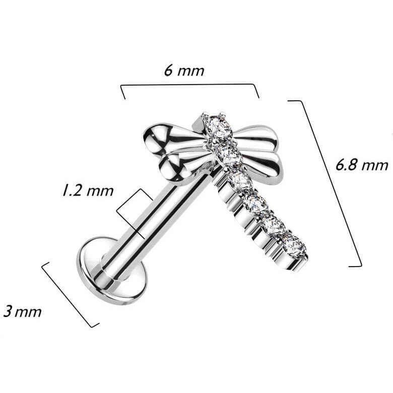 Solid Gold 14 Carat Labret dragonfly zirconia Internally Threaded