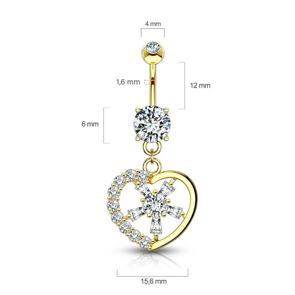 Solid Gold 14 Carat Belly Button Piercing Heart dangle Zirconia