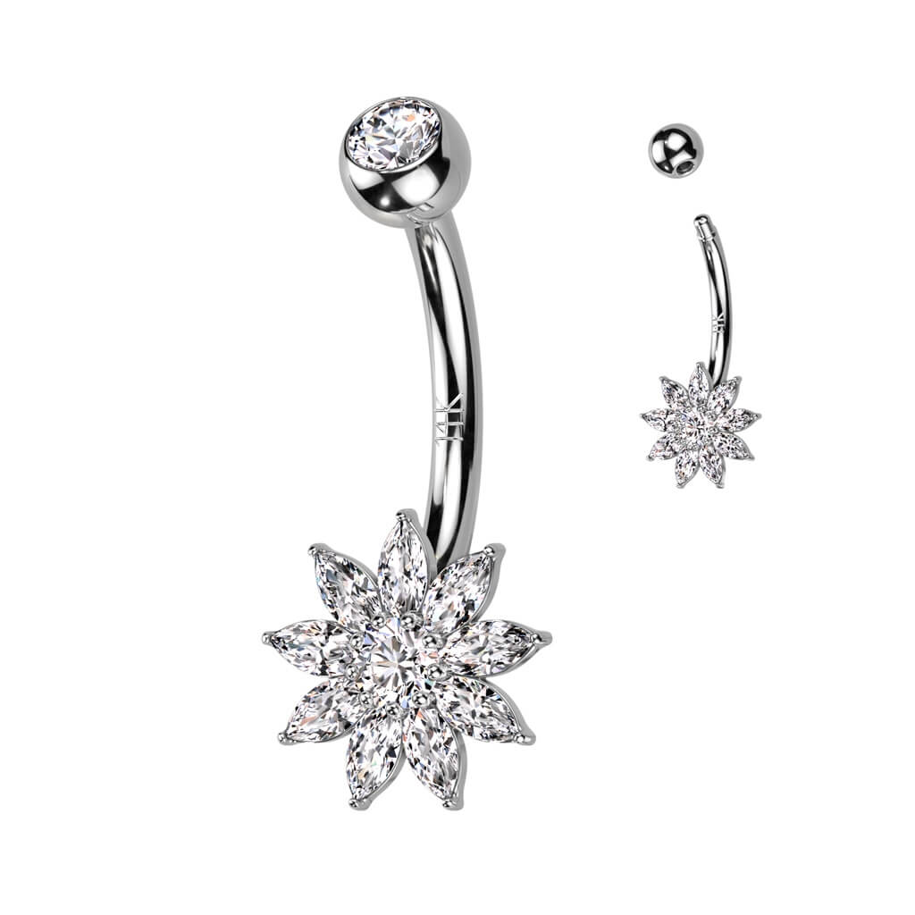 Oro 14 kt Piercing Ombelico Fiore di zirconi