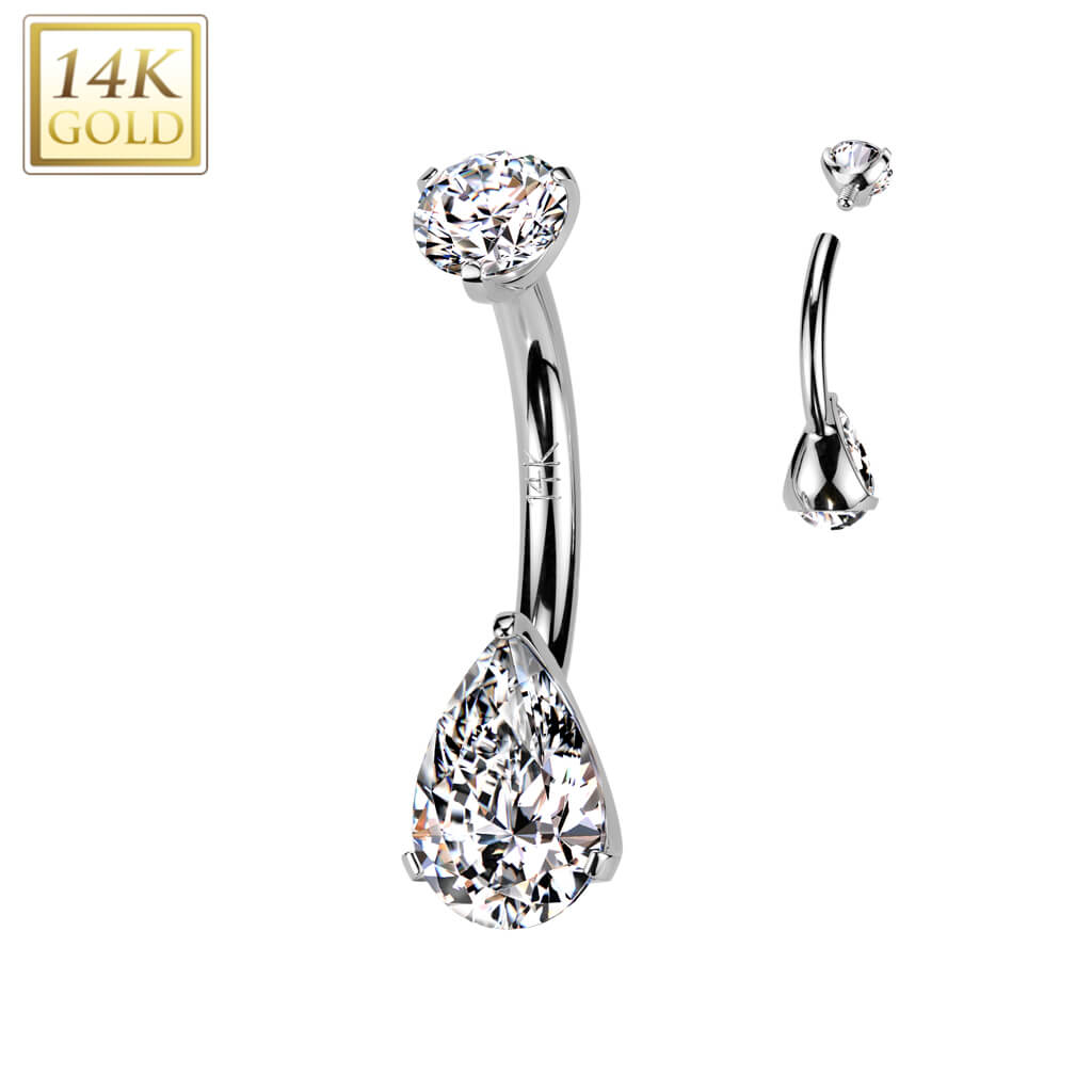 Solid Gold 14 Carat Belly Button Piercing teardrop zirconia prong setting Internally Threaded