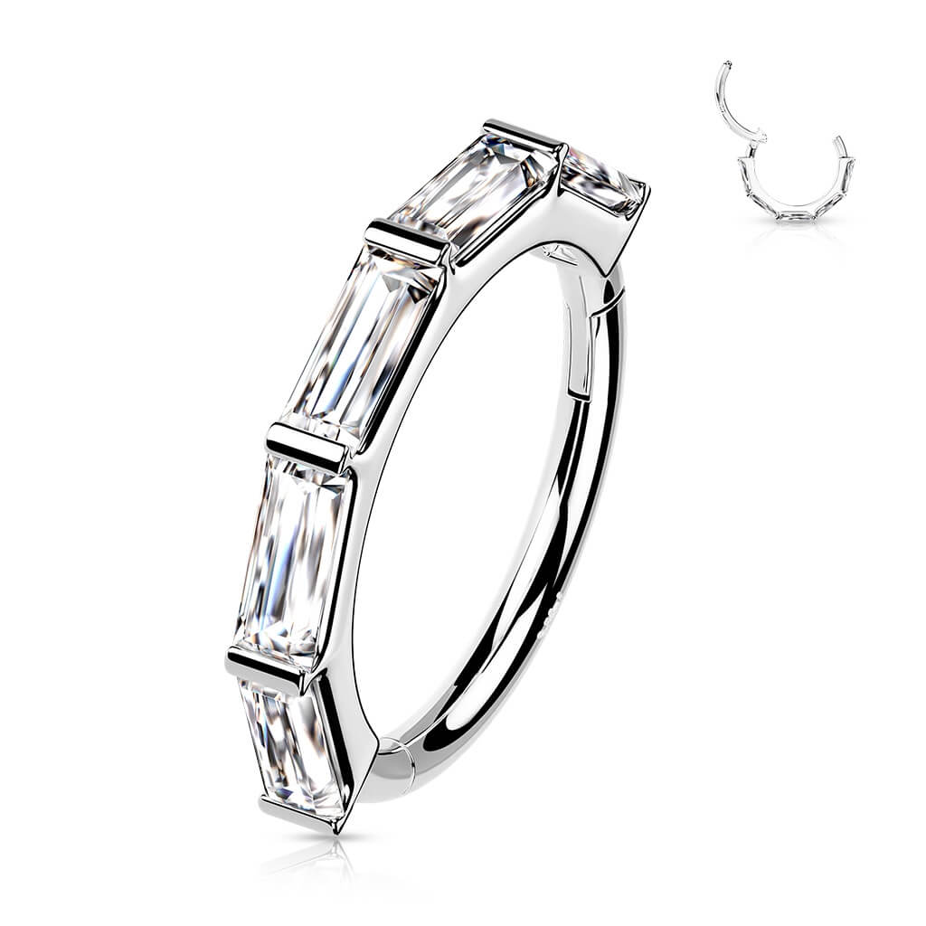 Solid Gold 14 Carat Ring Zirconia Baguette Clicker