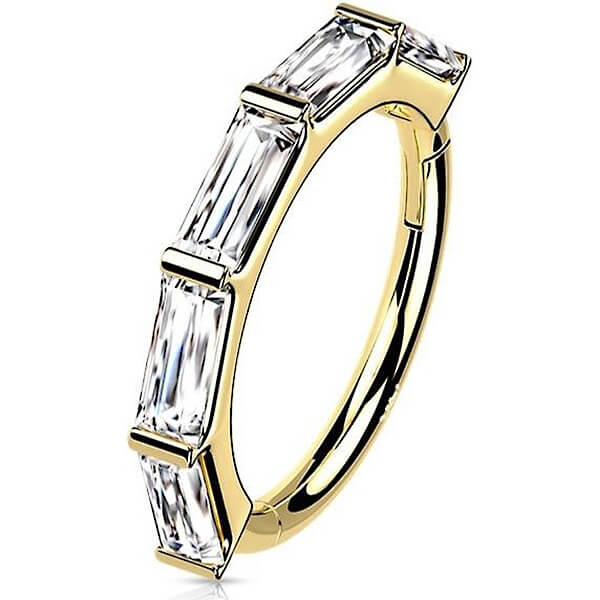 Solid Gold 14 Carat Ring Zirconia Baguette Clicker