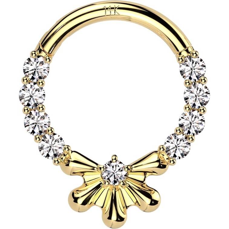 Oro 14kt Anillo Circonitas y Flor Central Clicker