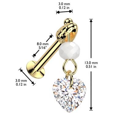 Labret heart zirconia glass bead dangle Push-In