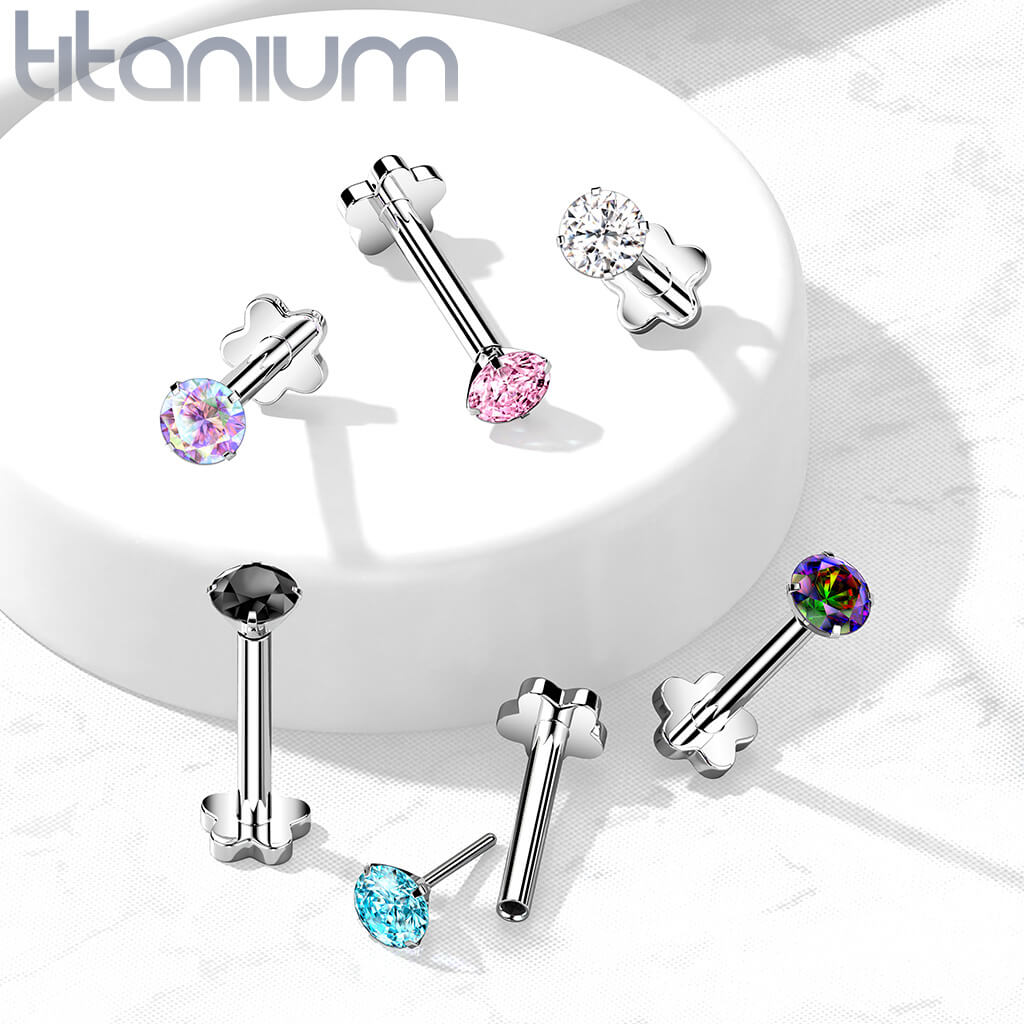 Titanium Labret Zirconia Flower Base Push-In