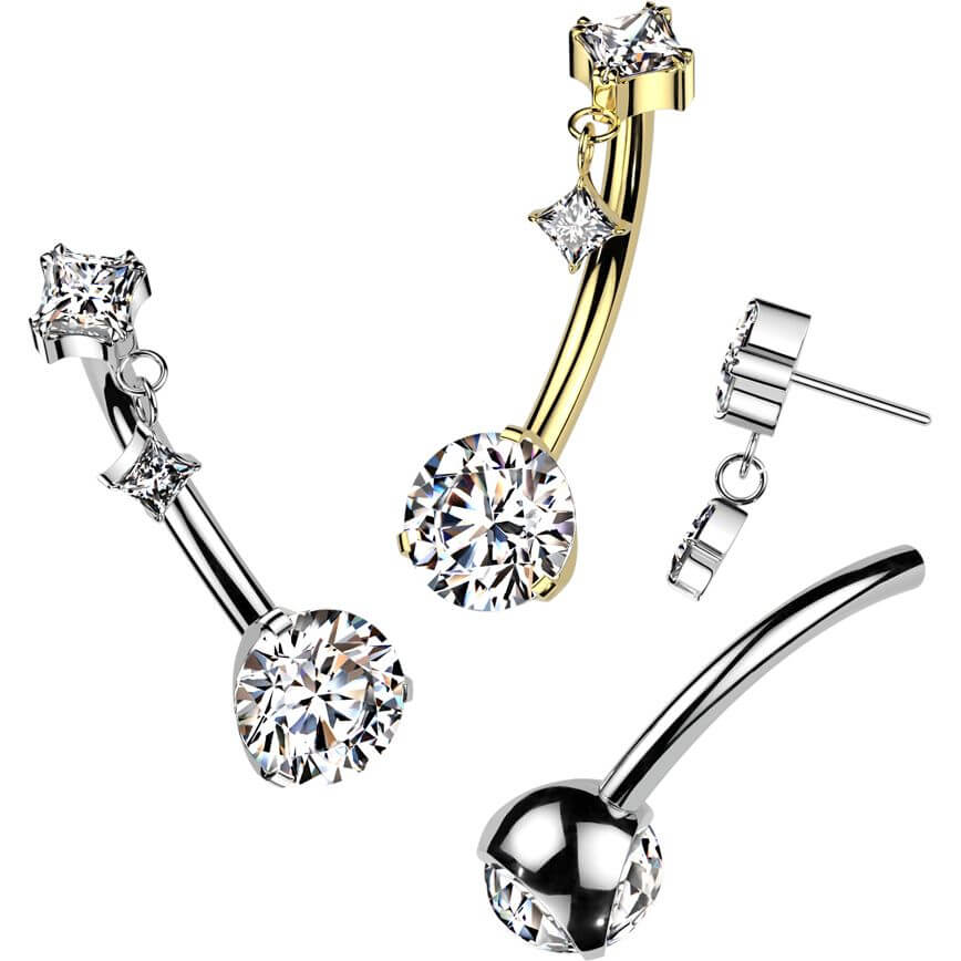 Titanium Belly Button Piercing zirconia prong settiing diamond shape dangle Push-In