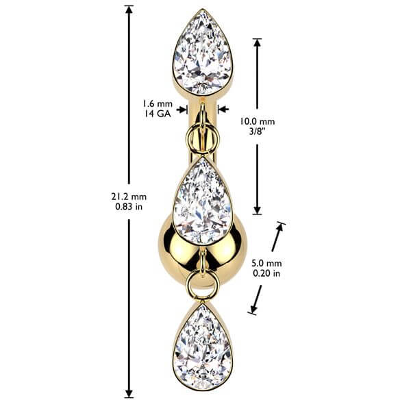 Titanium Belly Button Piercing 3 teardrops zirconias dangle Push-In