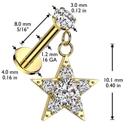 Labret star zirconia dangle Internally Threaded