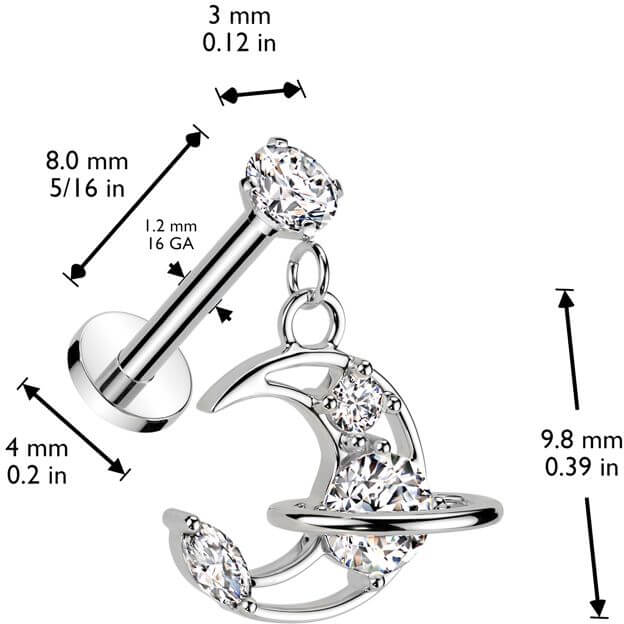 Labret saturn moon zirconia dangle Internally Threaded