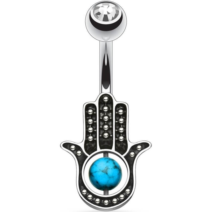 Kolczyk do pępka hamsa turkusowa cyrkonia