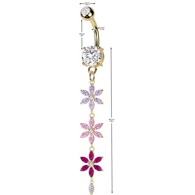Belly Button Piercing multicolored triple zirconia flower dangle