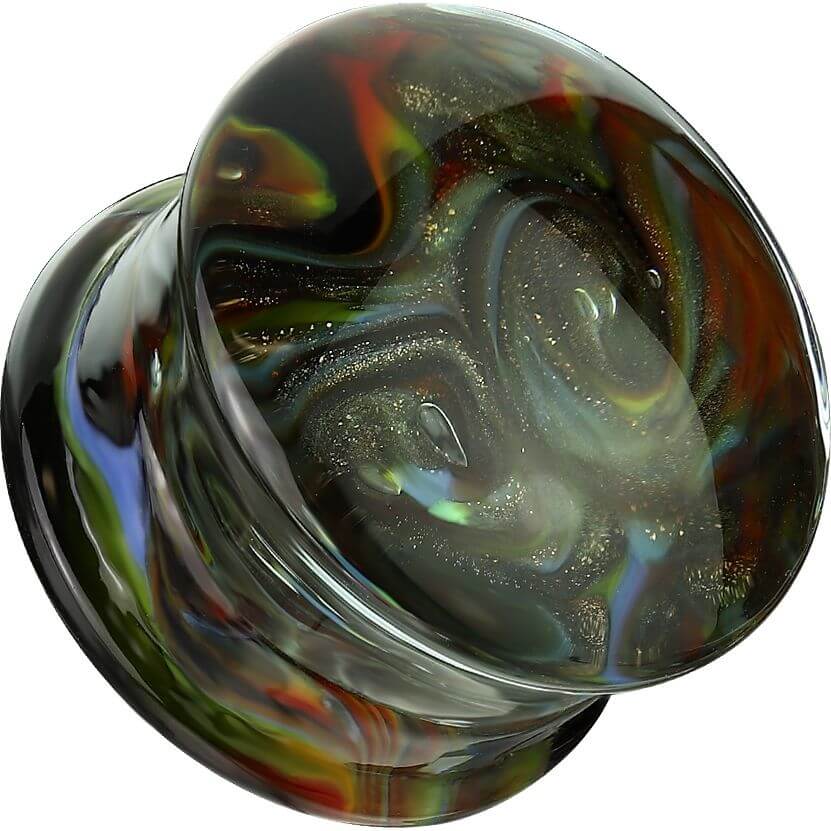 Glass Plug black with multicolour swirl double flare