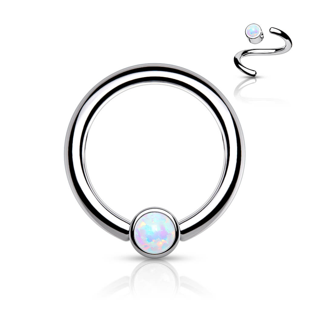 Titanio Anello Piercing Cilindro argento con opale Pieghevole