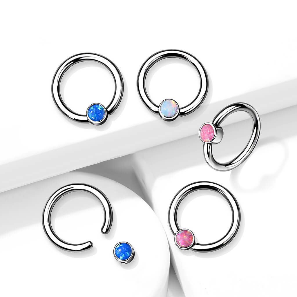 Titanio Anello Piercing Cilindro argento con opale Pieghevole