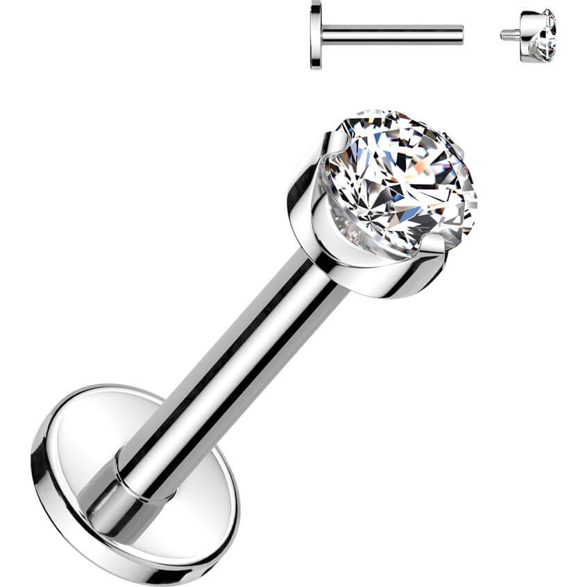Titanium Labret round zirconia prong setting Internally Threaded