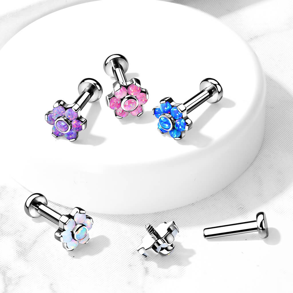 Titanium Labret Flower Opal Silver Internally Threaded