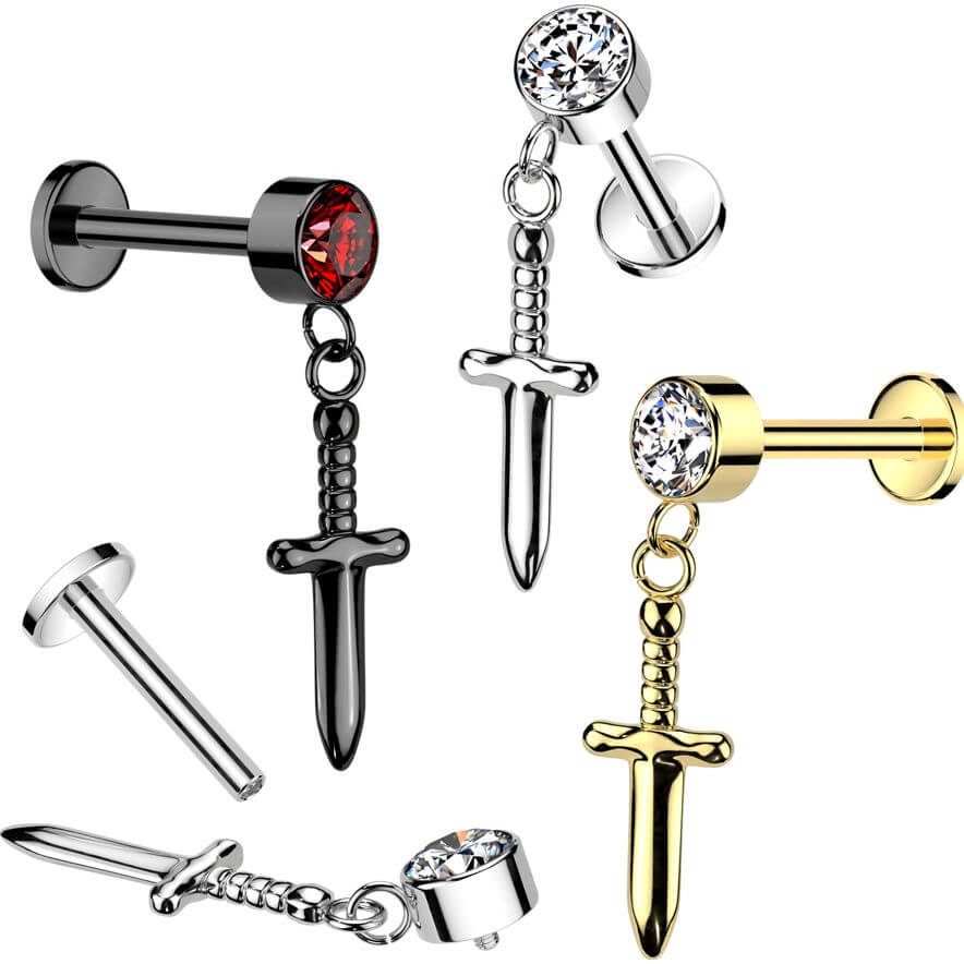 Titanium Labret zirconia sword dangle Internally Threaded