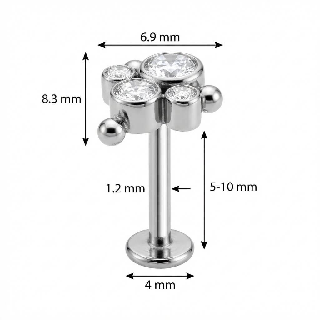 Titanium Labret Beaded Crystal Trio Cluster Internally Threaded