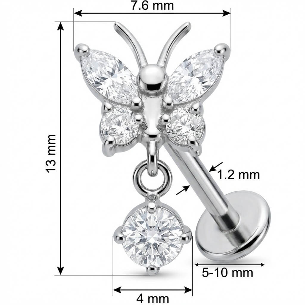 Titanium Labret Butterfly With Dangle Zirconia Internally Threaded