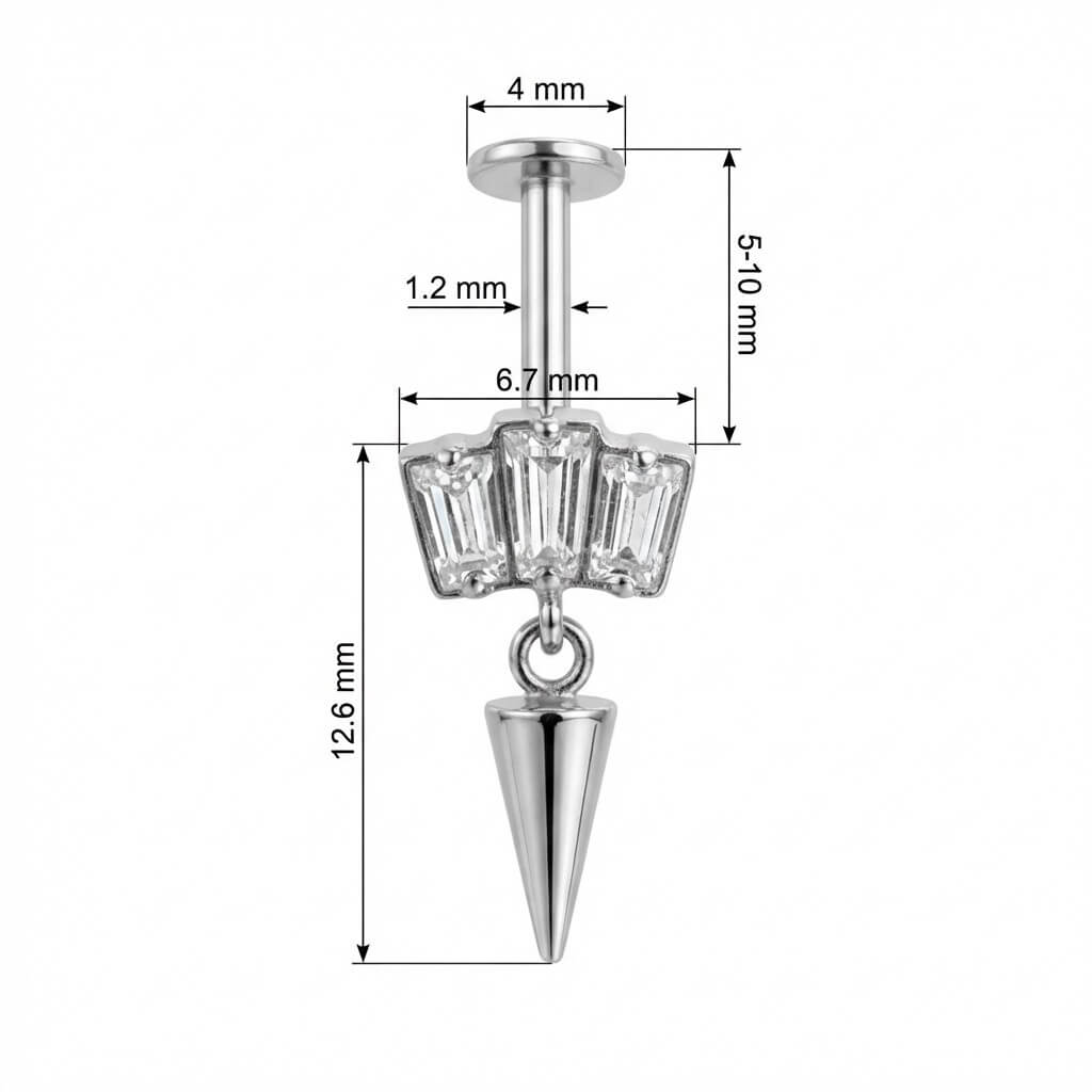 Titanium Labret Triple Baguette Crystal Spike Dangle Internally Threaded