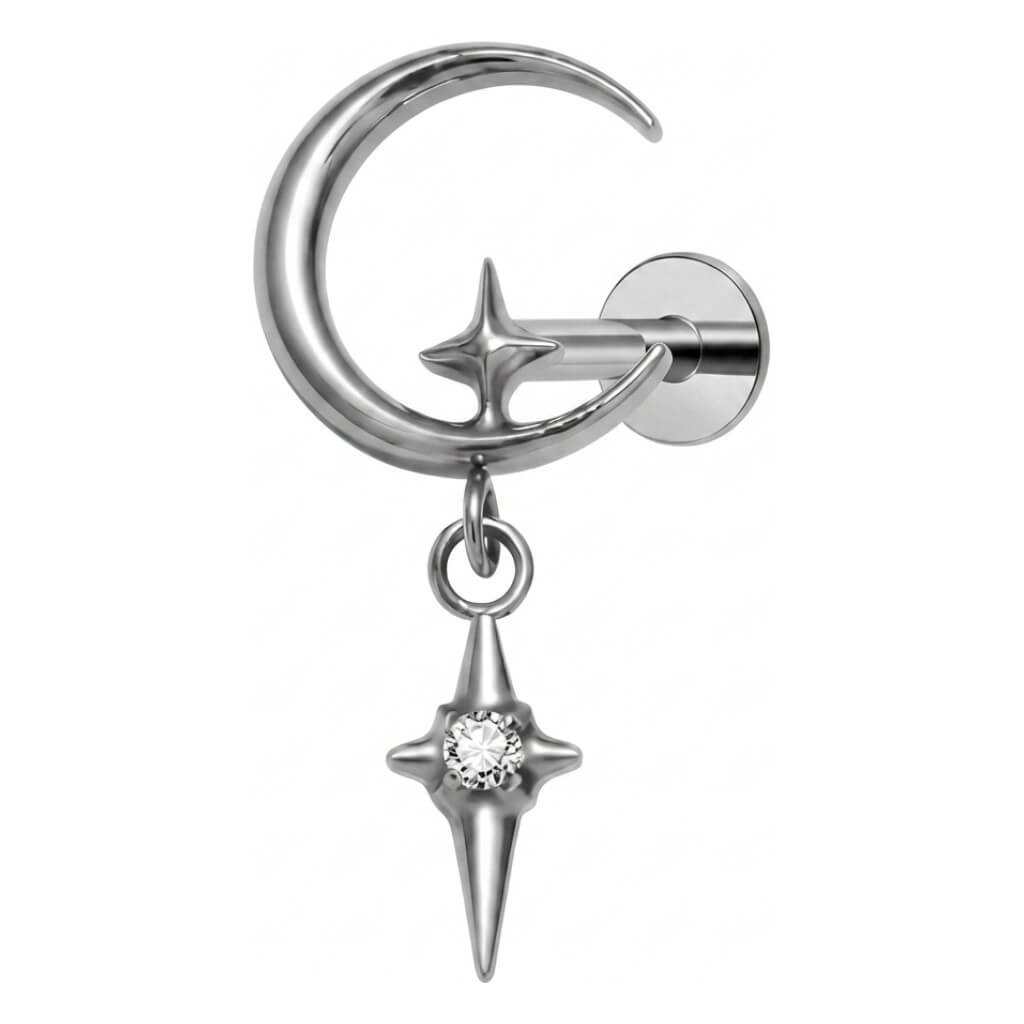 Titanium Labret Moon Star Dangle Zirconia Internally Threaded