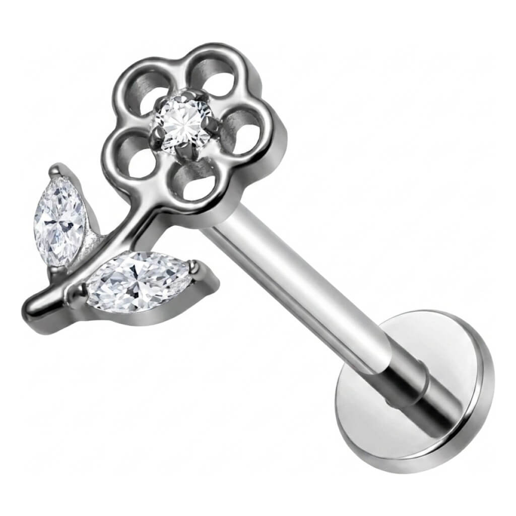 Titanium Labret Flower Leaf Marquise Zirconia Internally Threaded