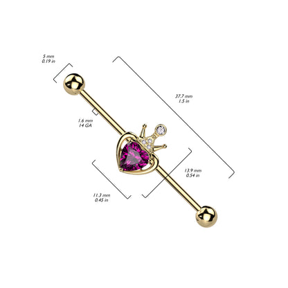 Barbell Industrial Corazón rosa con Corona Circonita PVD