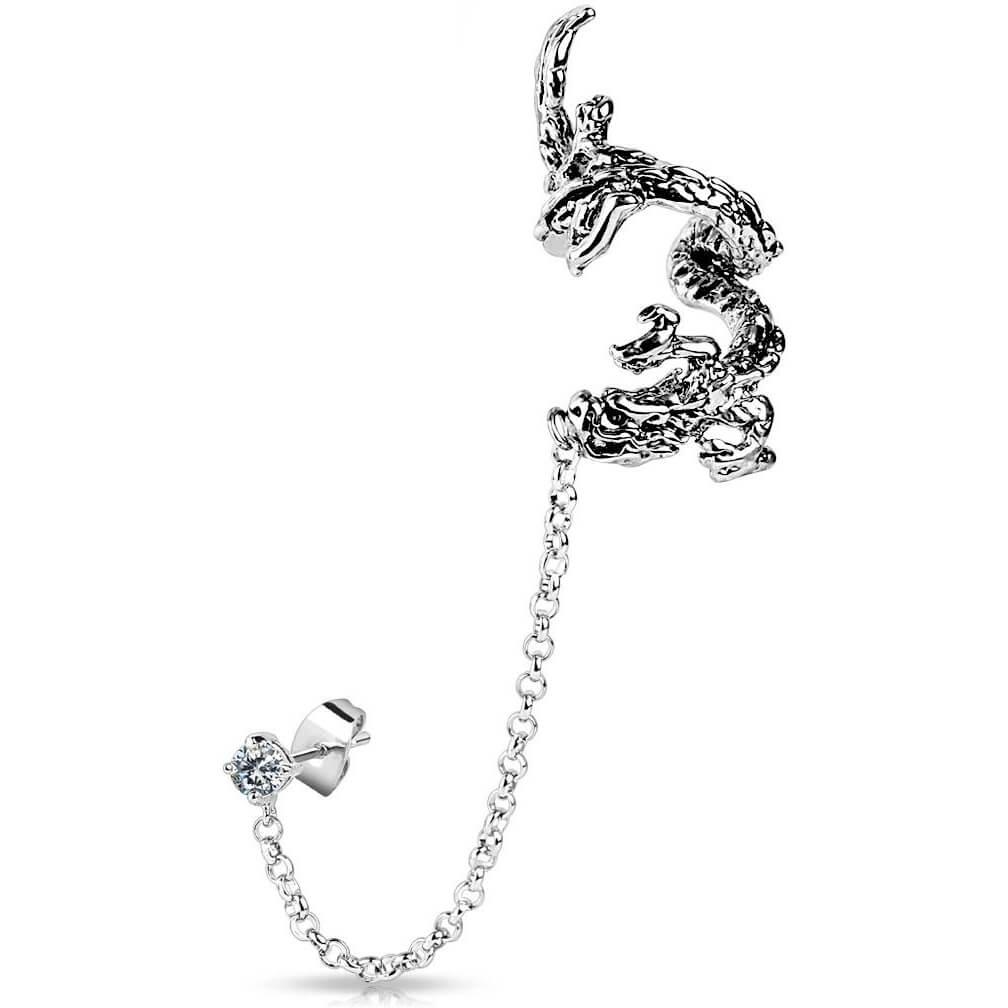 Ear Cuff de plata con dragón y circonita