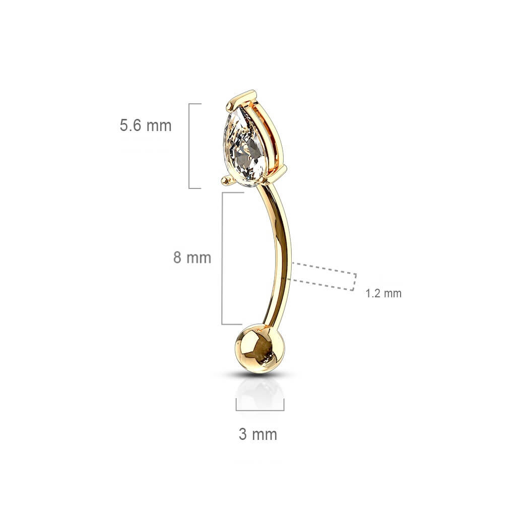 Solid Gold 14 Carat Eyebrow Piercing Tear Drop Zirconia