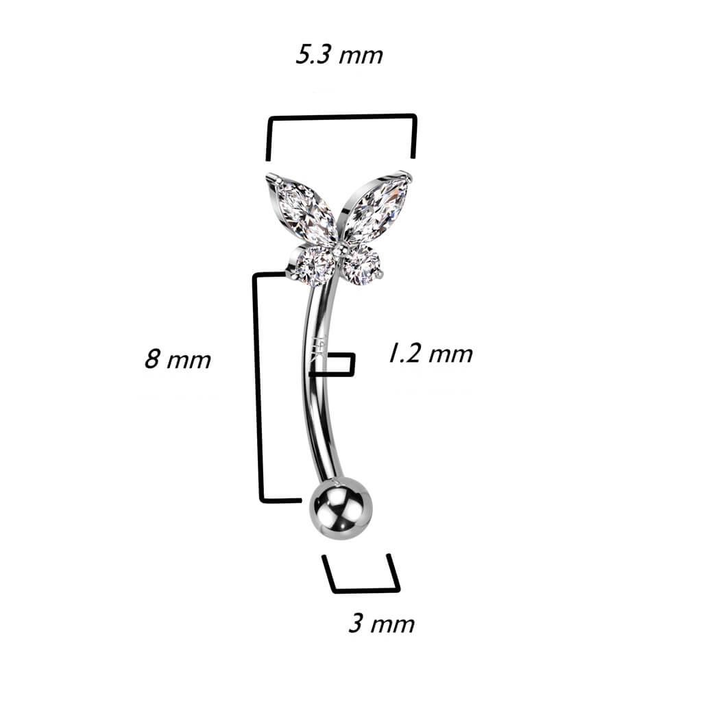 Oro 14 kt Piercing Sopracciglio Farfalla di zirconi 