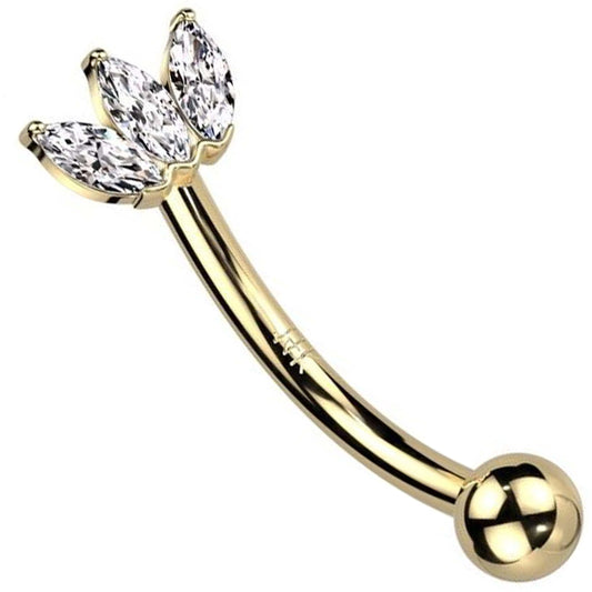 Solid Gold 14 Carat Eyebrow Piercing 3 Zirconia