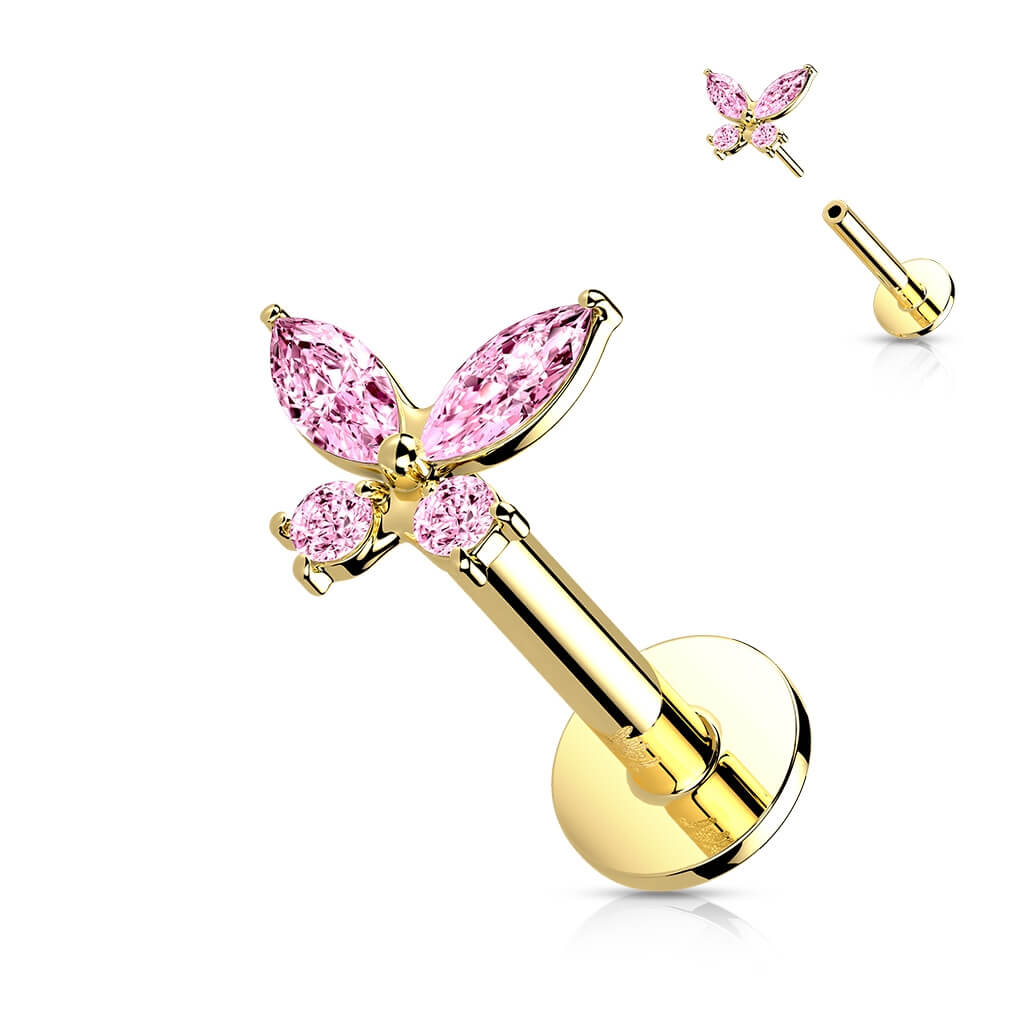 Solid Gold 14 Carat Labret Butterfly Zirconia Push-In