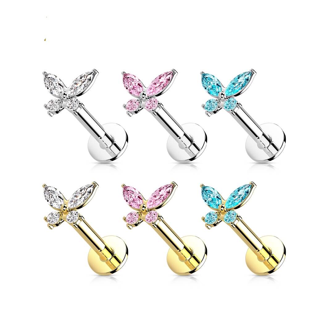 Solid Gold 14 Carat Labret Butterfly Zirconia Push-In